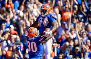 Florida Gators tight ends Kyle Pitts and Cyontai Lewis celebrate Pitts touchdown- 1280x853