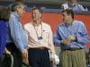 Dec 20, 2017; Gainesville, FL, USA; Florida Gators president Kent Fuchs, athletic director Scott Stricklin, and head football coach Dan Mullen talks during the second half against the James Madison Dukes at Exactech Arena at the Stephen C. O'Connell Center. Mandatory Credit: Kim Klement-USA TODAY Sports