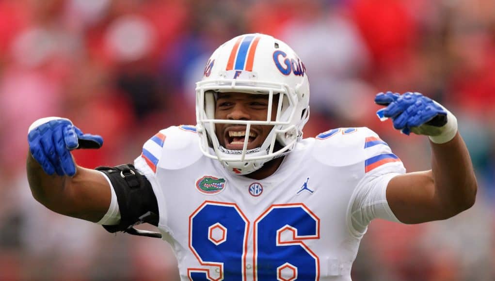 University of Florida defensive lineman CeCe Jefferson celebrates a tackle against the Georgia Bulldogs- Florida Gators football- 1280x853