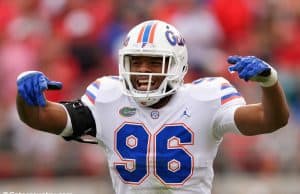 University of Florida defensive lineman CeCe Jefferson celebrates a tackle against the Georgia Bulldogs- Florida Gators football- 1280x853