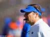 University of Florida head coach Dan Mullen watches the Florida Gators arm up prior to their 2018 game against Idaho- Florida Gators football- 1280x853