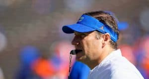 University of Florida head coach Dan Mullen watches the Florida Gators arm up prior to their 2018 game against Idaho- Florida Gators football- 1280x853