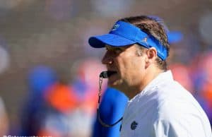 University of Florida head coach Dan Mullen watches the Florida Gators arm up prior to their 2018 game against Idaho- Florida Gators football- 1280x853