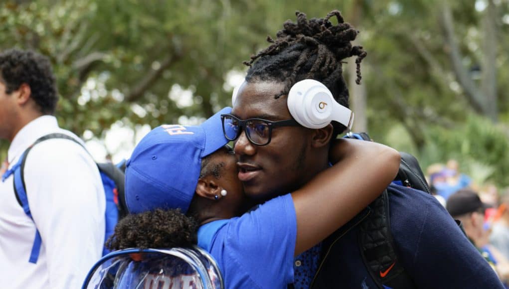 University of Florida quarterback Emory Jones hugs his mother during Gator Walk before the Florida Gators game against Colorado State- Florida Gators football- 1280x853