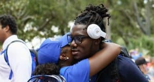 University of Florida quarterback Emory Jones hugs his mother during Gator Walk before the Florida Gators game against Colorado State- Florida Gators football- 1280x853