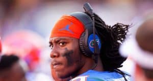 University of Florida quarterback Emory Jones on the headset with quarterback coach Brian Johnson during a win over Idaho- Florida Gators football- 1280x853