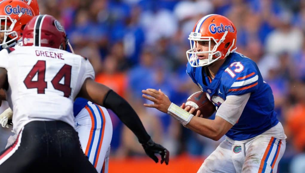 University of Florida quarterback Feleipe Franks rushes for a one yard touchdown to take a 35-31 lead over South Carolina- Florida Gators football- 1280x853