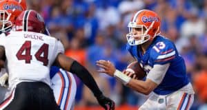 University of Florida quarterback Feleipe Franks rushes for a one yard touchdown to take a 35-31 lead over South Carolina- Florida Gators football- 1280x853