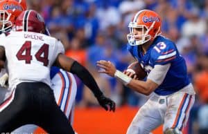 University of Florida quarterback Feleipe Franks rushes for a one yard touchdown to take a 35-31 lead over South Carolina- Florida Gators football- 1280x853