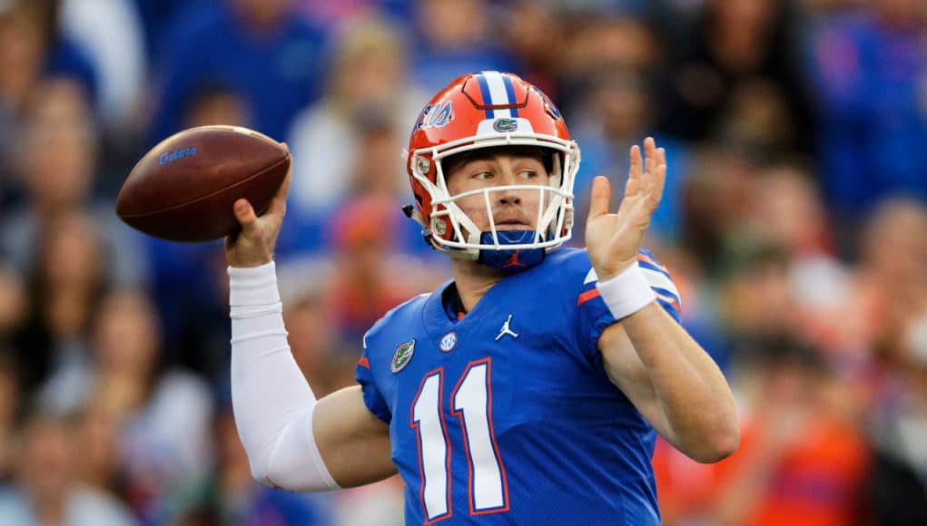 University of Florida quarterback Kyle Trask throws a pass in a 38-17 loss to the Missouri Tigers- Florida Gators football- 1280x854