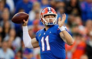 University of Florida quarterback Kyle Trask throws a pass in a 38-17 loss to the Missouri Tigers- Florida Gators football- 1280x854