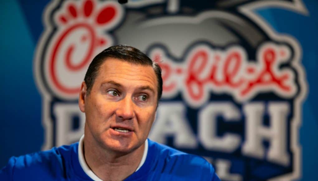 Florida Gators coach Dan Mullen speaks with the media at the team hotel on Monday, December 24, 2018 in Atlanta. Florida will face Michigan in the 2018 Peach Bowl on December 29, 2018. (Jason Parkhurst via Abell Images for the Chick-fil-A Peach Bowl)