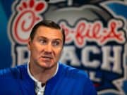 Florida Gators coach Dan Mullen speaks with the media at the team hotel on Monday, December 24, 2018 in Atlanta. Florida will face Michigan in the 2018 Peach Bowl on December 29, 2018. (Jason Parkhurst via Abell Images for the Chick-fil-A Peach Bowl)