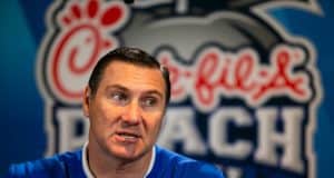 Florida Gators coach Dan Mullen speaks with the media at the team hotel on Monday, December 24, 2018 in Atlanta. Florida will face Michigan in the 2018 Peach Bowl on December 29, 2018. (Jason Parkhurst via Abell Images for the Chick-fil-A Peach Bowl)