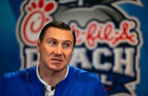 Florida Gators coach Dan Mullen speaks with the media at the team hotel on Monday, December 24, 2018 in Atlanta. Florida will face Michigan in the 2018 Peach Bowl on December 29, 2018. (Jason Parkhurst via Abell Images for the Chick-fil-A Peach Bowl)