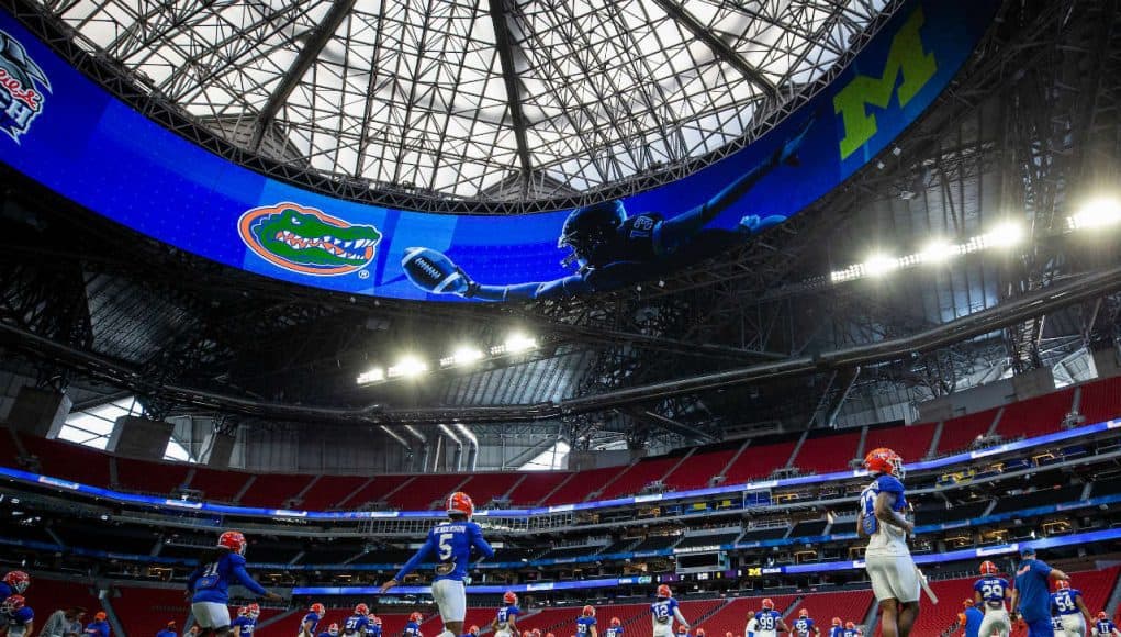 Florida Gators practice on Wednesday, December 26, 2018 at the Mercedes Benz Stadium in Atlanta. Florida will face Michigan in the 2018 Peach Bowl on December 29, 2018. (Jason Parkhurst via Abell Images for the Chick-fil-A Peach Bowl)