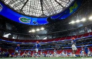 Florida Gators practice on Wednesday, December 26, 2018 at the Mercedes Benz Stadium in Atlanta. Florida will face Michigan in the 2018 Peach Bowl on December 29, 2018. (Jason Parkhurst via Abell Images for the Chick-fil-A Peach Bowl)