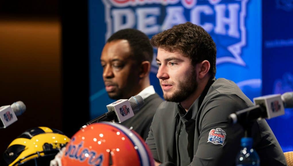 The Michigan Wolverines speak with the media during a press conference on December 27, 2018, in Atlanta. Michigan will face Florida in the 2018 Chick-fil-A Peach Bowl NCAA football game on December 29, 2018. (Paul Abell via Abell Images for the Chick-fil-A Peach Bowl)