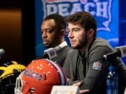 The Michigan Wolverines speak with the media during a press conference on December 27, 2018, in Atlanta. Michigan will face Florida in the 2018 Chick-fil-A Peach Bowl NCAA football game on December 29, 2018. (Paul Abell via Abell Images for the Chick-fil-A Peach Bowl)