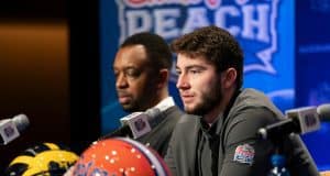 The Michigan Wolverines speak with the media during a press conference on December 27, 2018, in Atlanta. Michigan will face Florida in the 2018 Chick-fil-A Peach Bowl NCAA football game on December 29, 2018. (Paul Abell via Abell Images for the Chick-fil-A Peach Bowl)