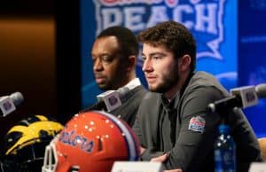 The Michigan Wolverines speak with the media during a press conference on December 27, 2018, in Atlanta. Michigan will face Florida in the 2018 Chick-fil-A Peach Bowl NCAA football game on December 29, 2018. (Paul Abell via Abell Images for the Chick-fil-A Peach Bowl)