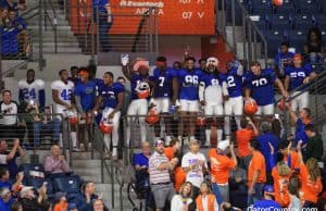 Florida Gators Football team watches the basketball game after practice- 1280x853