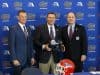 University of Florida athletic director Scott Stricklin and Dan Mullen pose with peach Bowl CEO and President Gary Stokan- Florida Gators football- 1280x1074