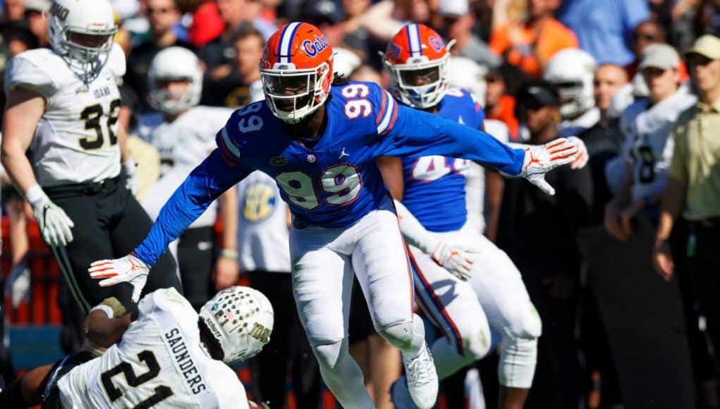 University of Florida defensive end Jachai Polite celebrates after a sack against the Vanderbilt Commodores- Florida Gators football- 1280x853