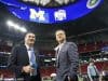 University of Florida football coach Dan Mullen and UF Athletic Director Scott Stricklin talking on the field before the 2018 Peach Bowl- Florida Gators football- 1280x852