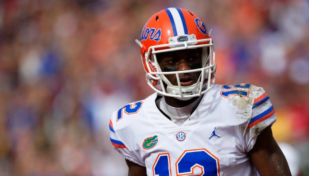 University of Florida receiver Van Jefferson lines up on offense in the Florida Gators 2018 win over Florida State- Florida Gators football- 1280x853