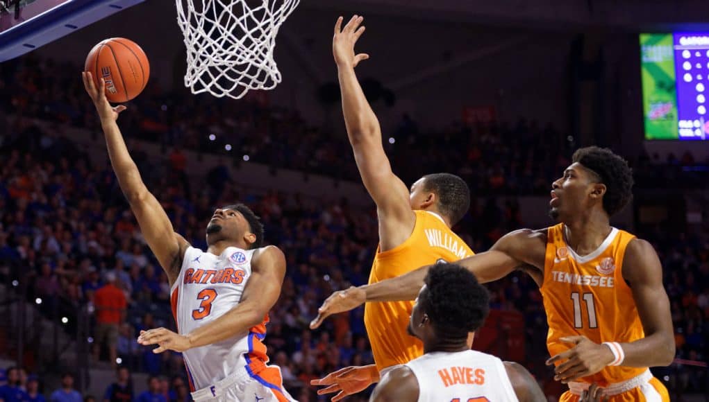 Florida Gators guard Jalen Hudson scores against Tennessee in 2019- 1280x853