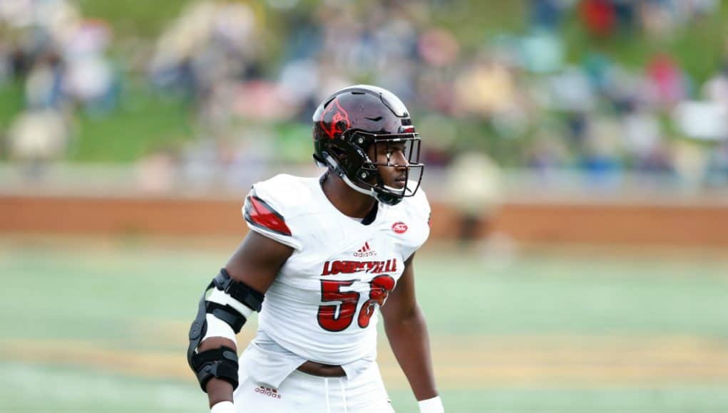 Oct 28, 2017; Winston-Salem, NC, USA; Louisville Cardinals linebacker Jonathan Greenard (58) lines up during the game against the Wake Forest Demon Deacons at BB&T Field. Mandatory Credit: Jeremy Brevard-USA TODAY Sports