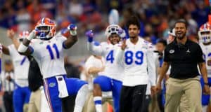 University of Florida linebacker Vosean Joseph celebrates during the Florida Gators Peach Bowl win over the Michigan Wolverines- Florida Gators football- 1280x1024
