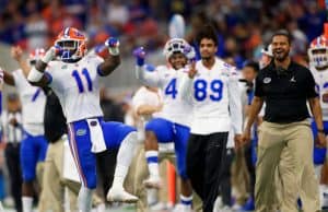 University of Florida linebacker Vosean Joseph celebrates during the Florida Gators Peach Bowl win over the Michigan Wolverines- Florida Gators football- 1280x1024