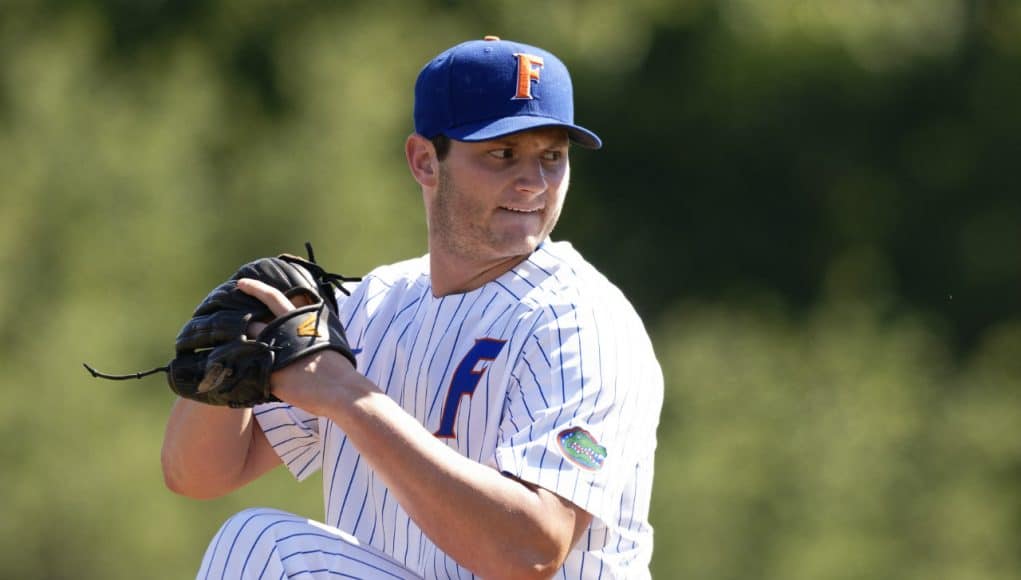 University of Florida pitcher Tyler Dyson delivers to the plate in a relief appearance against the Auburn Tigers- Florida Gators baseball- 1280x853