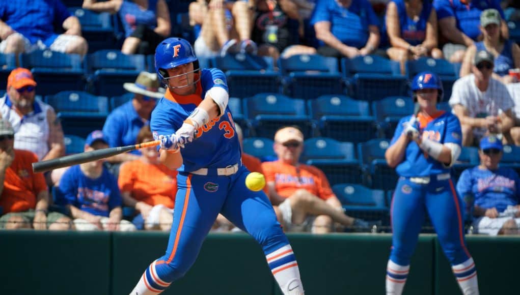 Florida Gators catcher Kendyl Lindaman hits against Illinois State- 1280x853