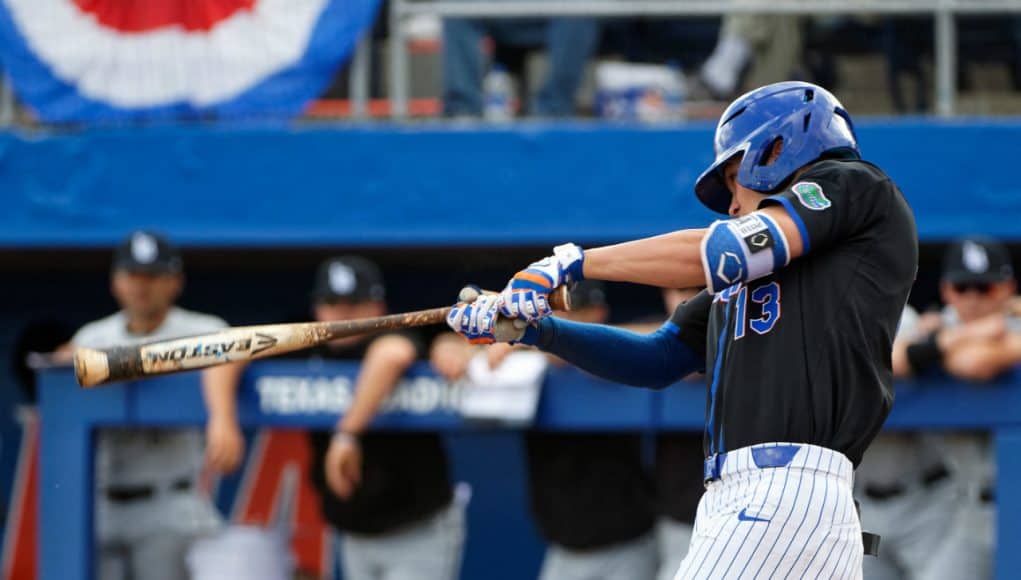 Florida Gators infielder Brady McConnell swings away in a 5-2 win over Long Beach State Dirt Bags 5-2 at McKethan Stadium- Florida Gators baseball- 1280x853