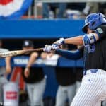 Florida Gators infielder Brady McConnell swings away in a 5-2 win over Long Beach State Dirt Bags 5-2 at McKethan Stadium- Florida Gators baseball- 1280x853