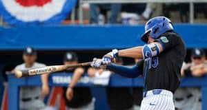 Florida Gators infielder Brady McConnell swings away in a 5-2 win over Long Beach State Dirt Bags 5-2 at McKethan Stadium- Florida Gators baseball- 1280x853