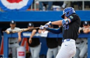 Florida Gators infielder Brady McConnell swings away in a 5-2 win over Long Beach State Dirt Bags 5-2 at McKethan Stadium- Florida Gators baseball- 1280x853