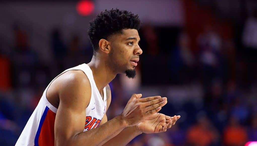 Florida Gators guard Jalen Hudson cheering his team on against Charleston Southern - 1280x853