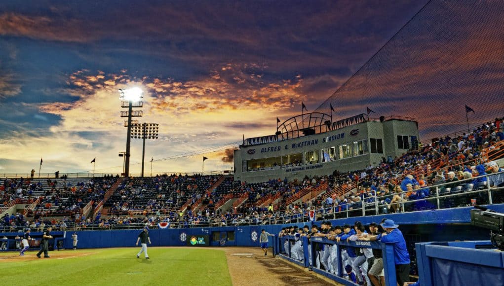 The sun sets over McKethan Stadium as the Florida Gators host the Long Beach State Dirtbags to start the 2019 season- Florida Gators baseball- 1280x853
