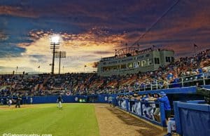The sun sets over McKethan Stadium as the Florida Gators host the Long Beach State Dirtbags to start the 2019 season- Florida Gators baseball- 1280x853