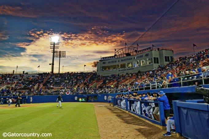 The sun sets over McKethan Stadium as the Florida Gators host the Long Beach State Dirtbags to start the 2019 season- Florida Gators baseball- 1280x853