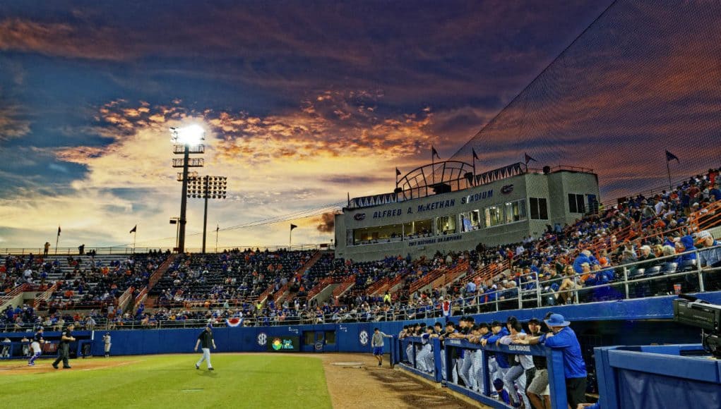 The sun sets over the stands at McKethan Stadium as the Florida Gators open the 2019 season against Long Beach State- Florida Gators baseball- 1280x853