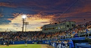 The sun sets over the stands at McKethan Stadium as the Florida Gators open the 2019 season against Long Beach State- Florida Gators baseball- 1280x853