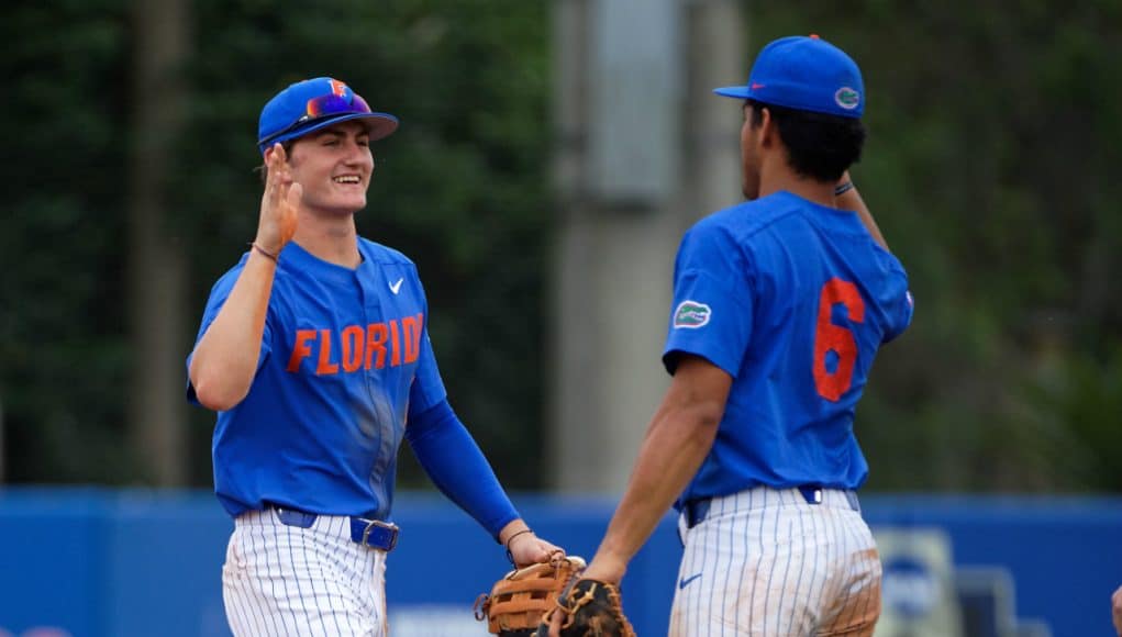 University of Florida freshmen Jud Fabian (left) and Kendrick Calilao (right) celebrate Florida’s series clinching win over Miami- Florida Gators baseball-1280x853