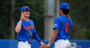 University of Florida freshmen Jud Fabian (left) and Kendrick Calilao (right) celebrate Florida’s series clinching win over Miami- Florida Gators baseball-1280x853