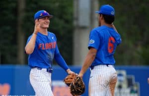 University of Florida freshmen Jud Fabian (left) and Kendrick Calilao (right) celebrate Florida’s series clinching win over Miami- Florida Gators baseball-1280x853