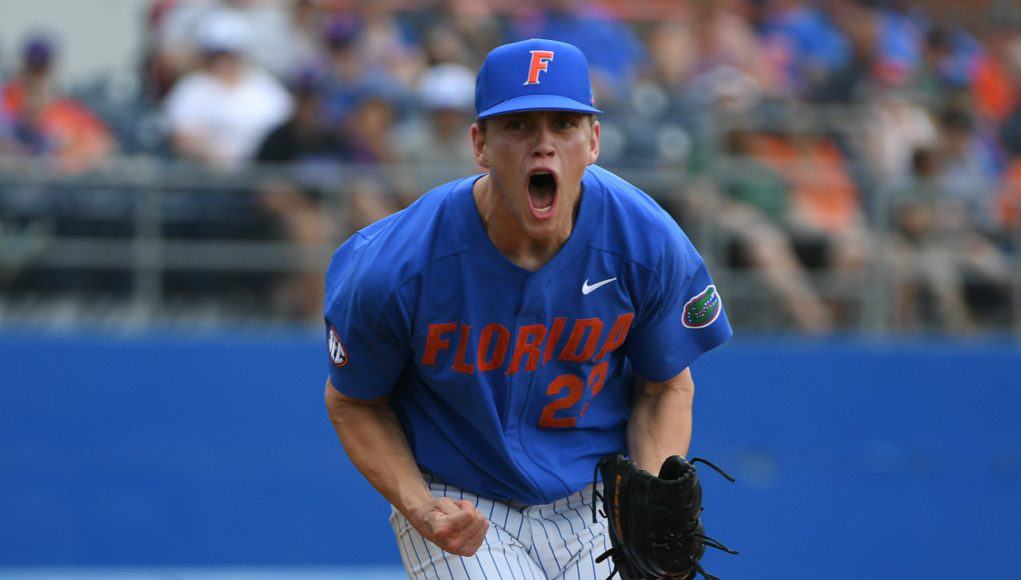 University of Florida pitcher Jack Leftwich reacts to an inning-ending strikeout against Miami- Florida Gators baseball- 1280x852